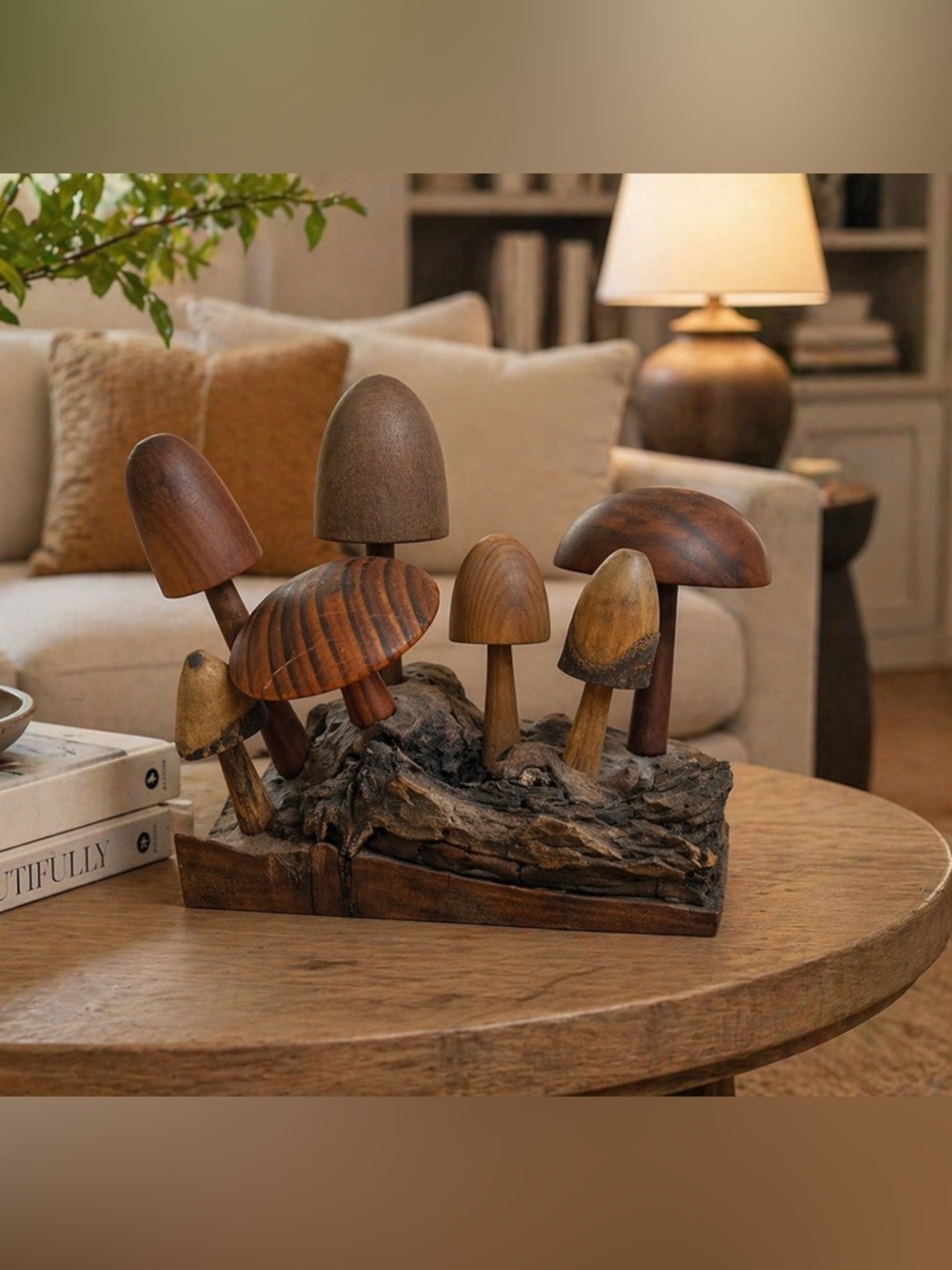 Vintage Rare Wooden Mushroom Sculpture - Natural Brown Tones